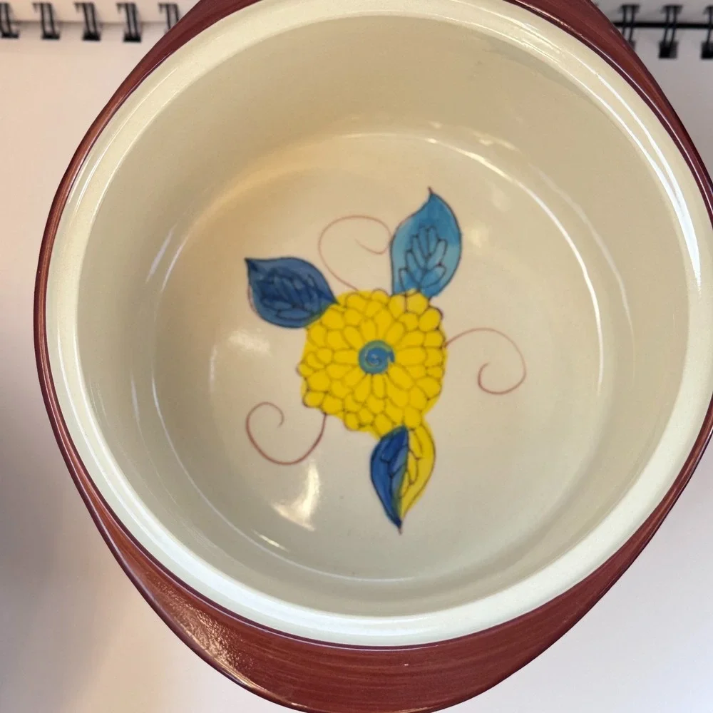 Temp-Tations Yellow & Blue Floral 1 Qt Casserole Presentable Ovenware Crock